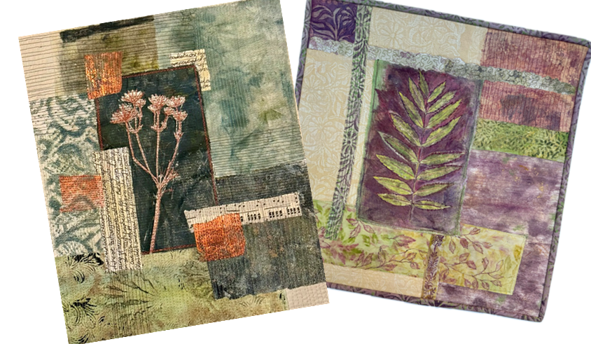 Print Collage Stitch - 2 stitched collage 'quilts' composed of botanical prints. one is in dark blue/greys, and another in muted moss green and plum