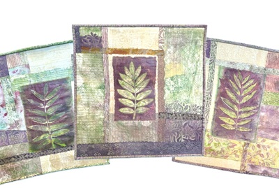 Print Collage Stitch - image of 3 art quilts showing a printed Rowan leaf