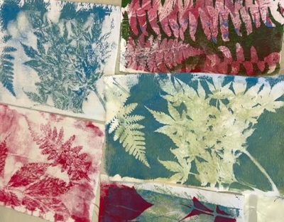 Flourish & Print: Gel plate joy. Image shows a gel print of early summer leaves