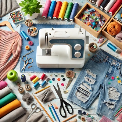 Alter, Repair & Upcycle. Image shows a brightly coloured collection of sewing materials & tools, and some garment to be altered, repaired and upcycled.