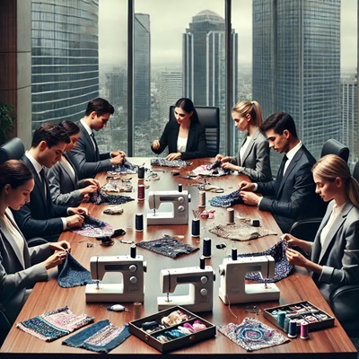 Image shows Professionals in a boardroom, sewing while in business suits. The Secret Skillset every professional needs