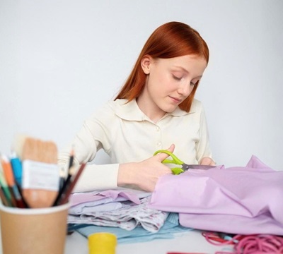 After-school sewing club - young girl and some colourful fabrics and craft materials