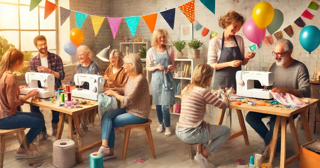 Free-Sewing-class-A-lively-sewing-party- Free-Sewing-class-A-lively-sewing-party-with-real-people-in-a-cozy-studio.-Attendees-are-happily-sewing-chatting-and-celebrating-with-bunting-balloons