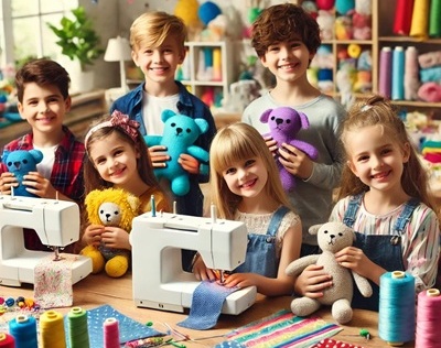 Kids Summer Sewing Camp-afternoons. Image of several children smiling and holding the toy they have made at a sewing class