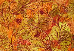 The Joy of Stitch> Image shows leaves and berries captured in Free-Motion Stitch, in shades of oranges and yellows